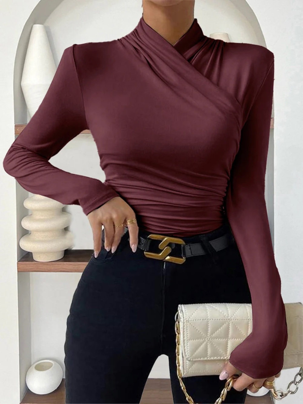 Commense Cross-Over Collar Pleated Cinched T-Shirt